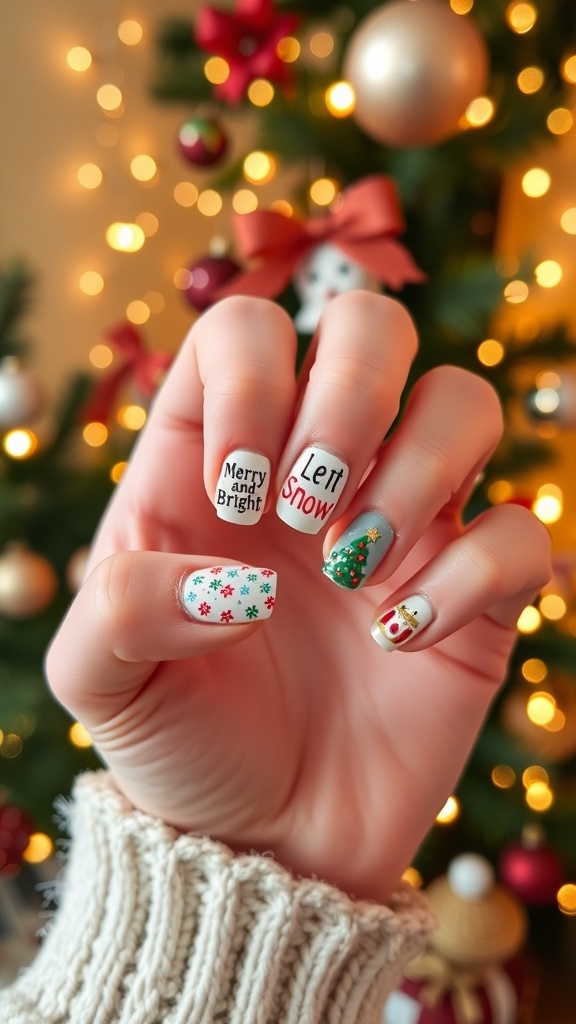 Festive Christmas Nail Art Quotes Festive Christmas nail art with quotes and holiday designs.